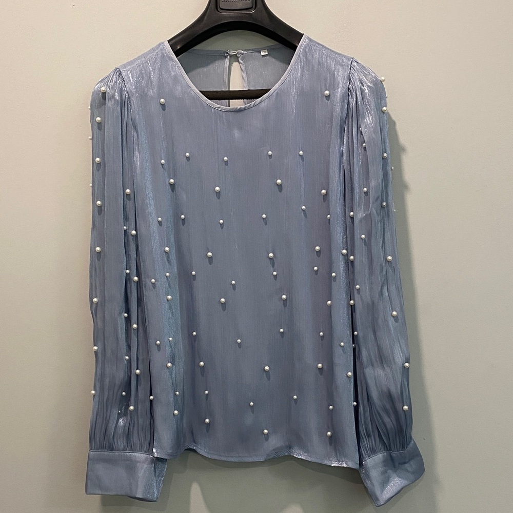 Pearl-Embellished Light Blue Long-Sleeve Women's Top - Picture 4 of 16
